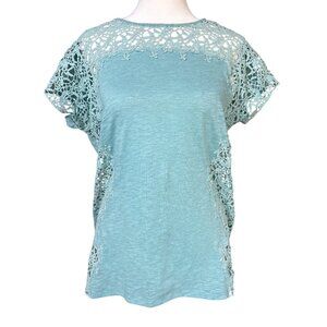 Sundance Lily Paramour Tee Shirt Size Medium Crochet Lace Detail Teal Cap Sleeve